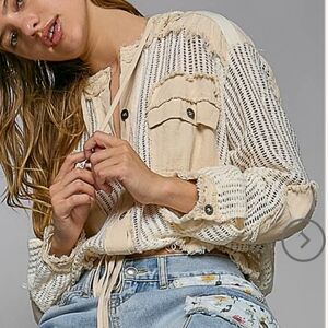 Pol Clothing See Through Button Down Hoodie Top. Long Sleeved